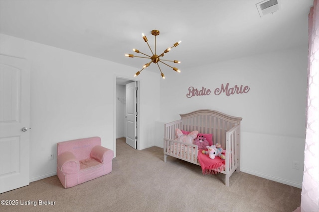 100 Bellemeade St, Brandenburg, KY 40108 - carpeted bedroom featuring a chandelier, a spacious closet, visible vents, and baseboards