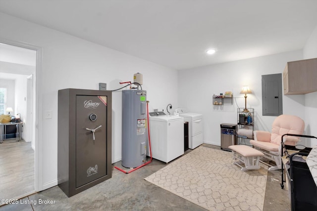 100 Bellemeade St, Brandenburg, KY 40108 - laundry area featuring baseboards, electric panel, laundry area, electric water heater, and washer and clothes dryer