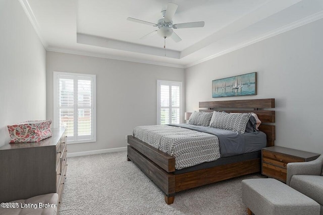 11125 Radleigh Ln, Louisville, KY 40291 - carpeted bedroom featuring a tray ceiling, baseboards, ornamental molding, and ceiling fan