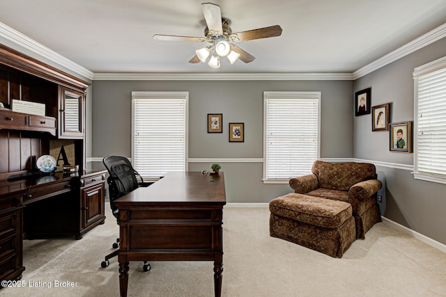 1014 Old Mill Stream Ln, Shepherdsville, KY 40165 - home office with light carpet, a ceiling fan, ornamental molding, and healthy amount of natural light