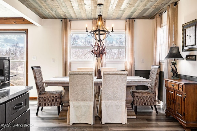 dining area with wooden ceiling, dark wood-style flooring, and a chandelier