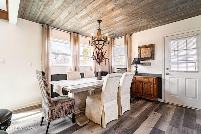 dining room featuring an inviting chandelier, baseboards, wood ceiling, and dark wood-type flooring