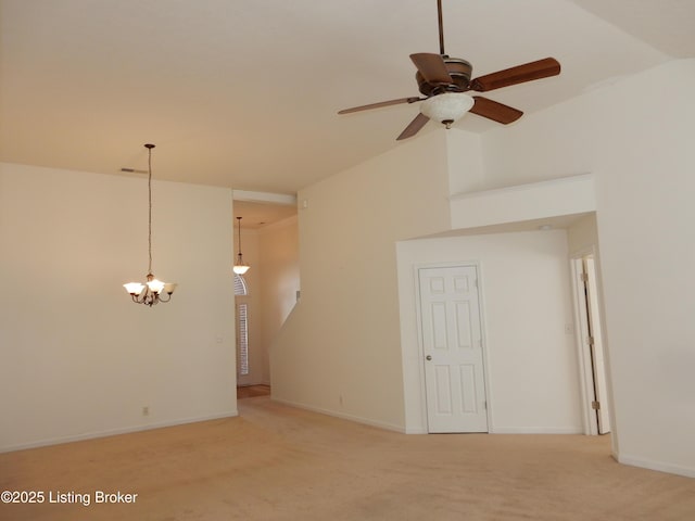 113 Lanai Dr Unit A, Shepherdsville, KY 40165 - carpeted empty room with baseboards, high vaulted ceiling, visible vents, and ceiling fan with notable chandelier