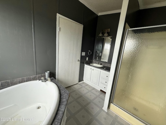42 Foggy Bottom Ln, Garfield, KY 40140 - bathroom featuring vanity, ornamental molding, tile patterned floors, a stall shower, and a bath