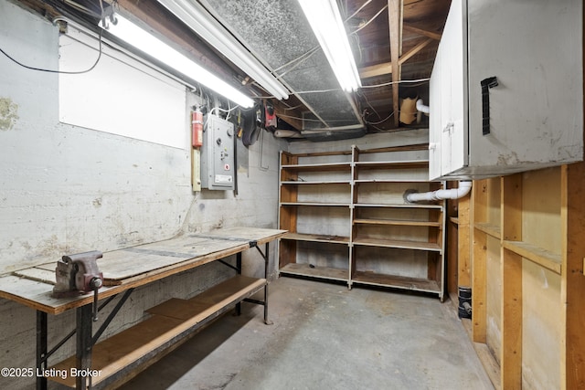 unfinished basement with a workshop area and electric panel