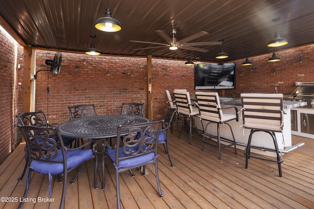 12206 Bridgeway Ct, Sellersburg, IN 47172 - wooden deck with outdoor wet bar, outdoor dining area, and ceiling fan