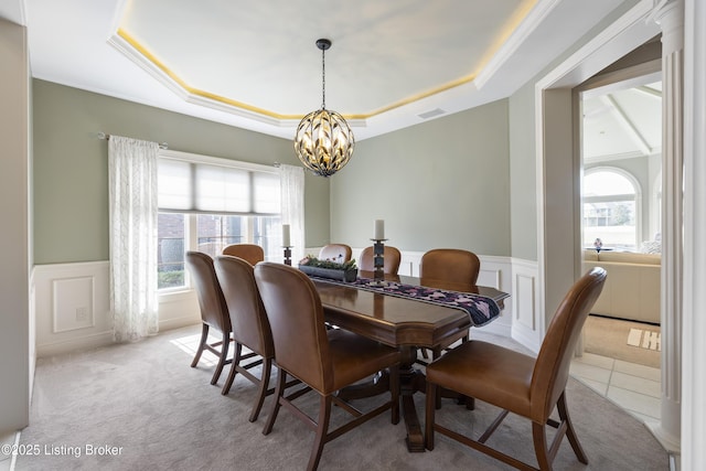 12206 Bridgeway Ct, Sellersburg, IN 47172 - dining area featuring a tray ceiling, visible vents, a healthy amount of sunlight, and a chandelier