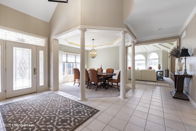 12206 Bridgeway Ct, Sellersburg, IN 47172 - foyer entrance featuring light tile patterned flooring, decorative columns, visible vents, and ornamental molding