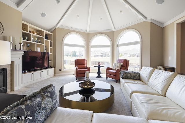 12206 Bridgeway Ct, Sellersburg, IN 47172 - living room featuring carpet floors, a fireplace, high vaulted ceiling, and beamed ceiling