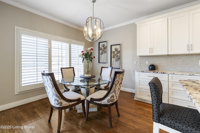 12206 Bridgeway Ct, Sellersburg, IN 47172 - dining room with baseboards, an inviting chandelier, ornamental molding, and dark wood-style flooring