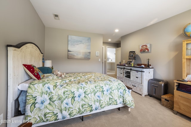 12206 Bridgeway Ct, Sellersburg, IN 47172 - bedroom with light colored carpet, visible vents, and recessed lighting
