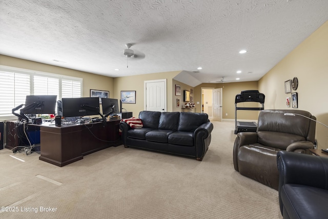 12206 Bridgeway Ct, Sellersburg, IN 47172 - living area with a textured ceiling, recessed lighting, a ceiling fan, and light colored carpet