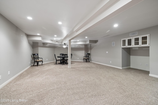12206 Bridgeway Ct, Sellersburg, IN 47172 - finished below grade area with a ceiling fan, recessed lighting, baseboards, visible vents, and carpet