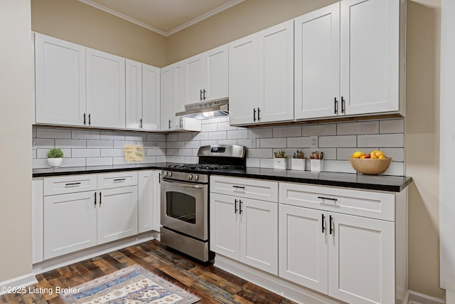 kitchen featuring under cabinet range hood, stainless steel gas range oven, dark countertops, and tasteful backsplash