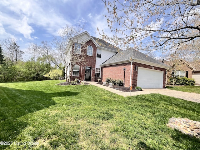 traditional-style home with concrete driveway, brick siding, a garage, a shingled roof, and a front yard