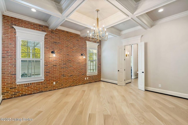 10900 Meeting St, Prospect, KY 40059 - empty room with wood finished floors, brick wall, baseboards, beamed ceiling, and an inviting chandelier
