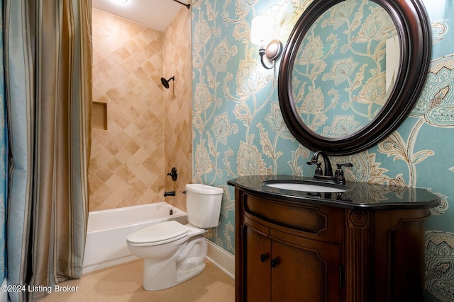 10900 Meeting St, Prospect, KY 40059 - bathroom featuring vanity, toilet, baseboards, wallpapered walls, and shower / bath combo with shower curtain