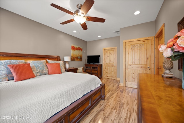 105 Moutardier Woods Way, Leitchfield, KY 42754 - bedroom featuring recessed lighting, baseboards, light wood finished floors, visible vents, and a ceiling fan