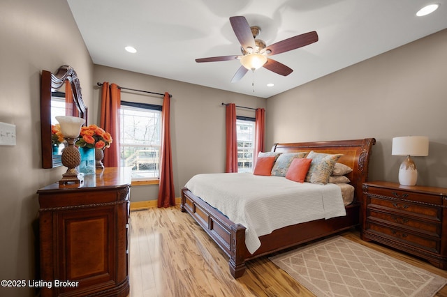 105 Moutardier Woods Way, Leitchfield, KY 42754 - bedroom with baseboards, light wood-style floors, ceiling fan, and recessed lighting