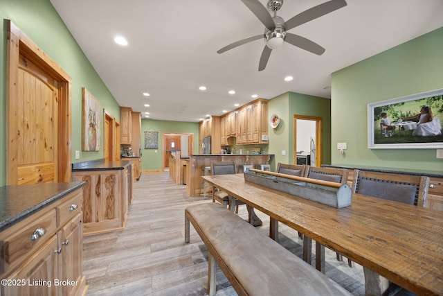 105 Moutardier Woods Way, Leitchfield, KY 42754 - dining area with light wood-type flooring, ceiling fan, and recessed lighting