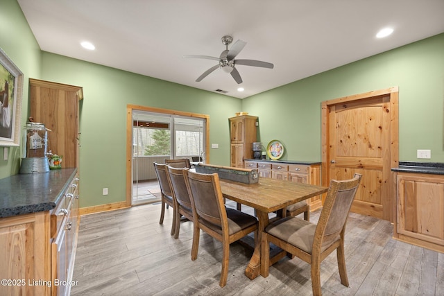 105 Moutardier Woods Way, Leitchfield, KY 42754 - dining area featuring baseboards, light wood-style flooring, recessed lighting, and a ceiling fan