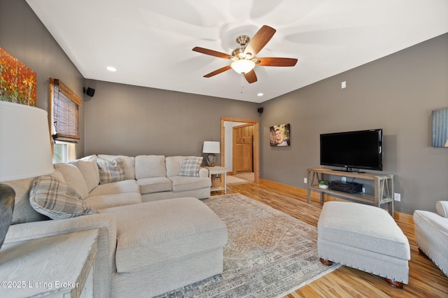 105 Moutardier Woods Way, Leitchfield, KY 42754 - living room featuring a ceiling fan, recessed lighting, baseboards, and wood finished floors