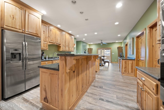 105 Moutardier Woods Way, Leitchfield, KY 42754 - kitchen featuring stainless steel fridge, recessed lighting, a sink, ceiling fan, and light wood-style flooring