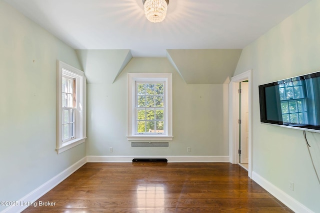 additional living space featuring vaulted ceiling, wood finished floors, and a healthy amount of sunlight