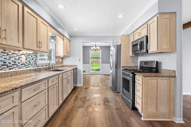 4904 Ruby Way, Shepherdsville, KY 40165 - kitchen with stainless steel appliances, a sink, light brown cabinetry, dark wood-type flooring, and ornamental molding