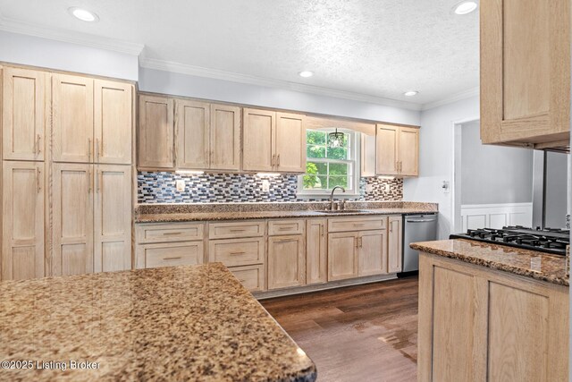 4904 Ruby Way, Shepherdsville, KY 40165 - kitchen with light brown cabinetry, a sink, light stone countertops, dark wood-type flooring, and gas cooktop