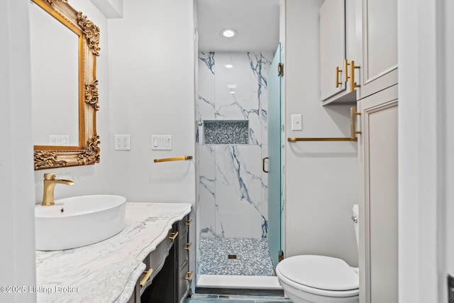 4904 Ruby Way, Shepherdsville, KY 40165 - bathroom featuring a marble finish shower, toilet, vanity, and recessed lighting