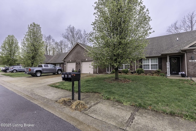 ranch-style house featuring driveway, roof with shingles, an attached garage, brick siding, and a front lawn