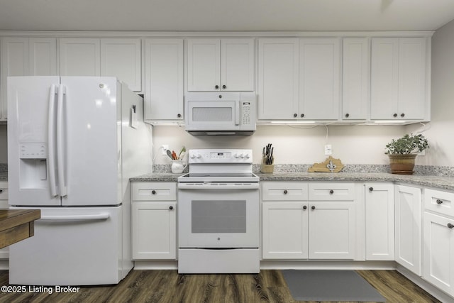 kitchen with dark wood-type flooring, white cabinetry, and white appliances