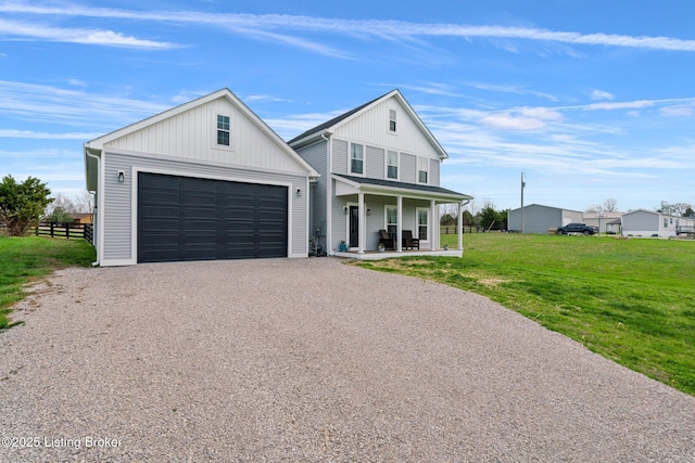 3965 Broadford Rd, Clarkson, KY 42726 - modern farmhouse style home with fence, driveway, a front yard, covered porch, and a garage