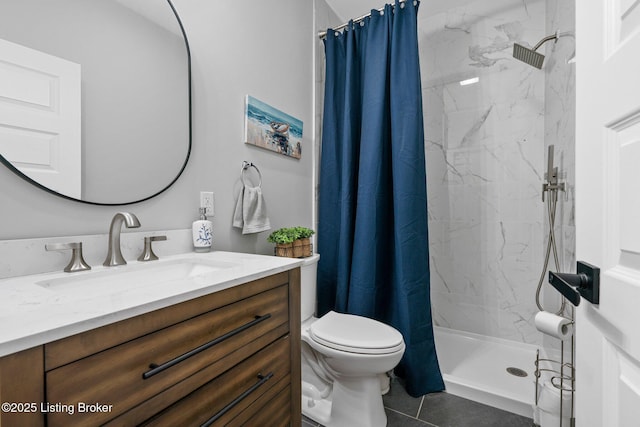3965 Broadford Rd, Clarkson, KY 42726 - full bathroom featuring tile patterned floors, toilet, vanity, and a marble finish shower