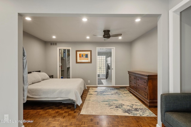 bedroom with visible vents, baseboards, a spacious closet, ceiling fan, and recessed lighting