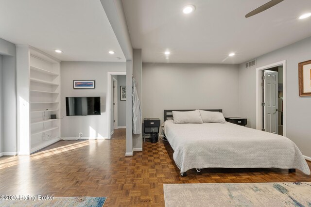 bedroom featuring recessed lighting, visible vents, and baseboards