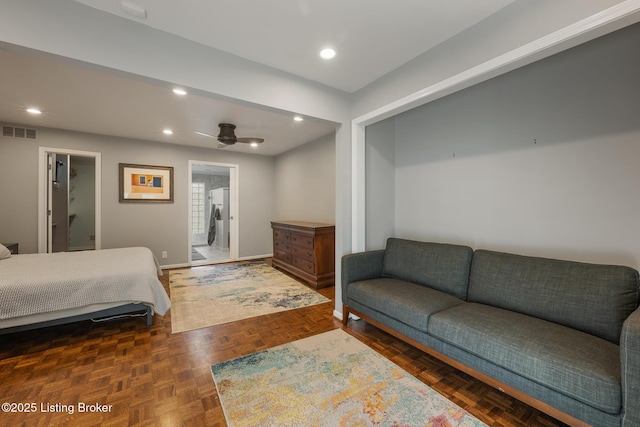 bedroom featuring visible vents, baseboards, recessed lighting, and a ceiling fan