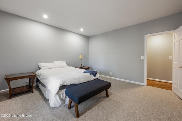 bedroom with recessed lighting, carpet, and baseboards