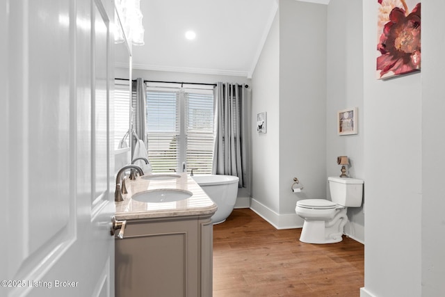 full bathroom featuring ornamental molding, toilet, wood finished floors, a sink, and double vanity