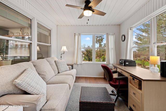 office space featuring ceiling fan, wooden ceiling, and wood finished floors