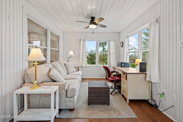 office area with dark wood-style floors, wood ceiling, and a ceiling fan