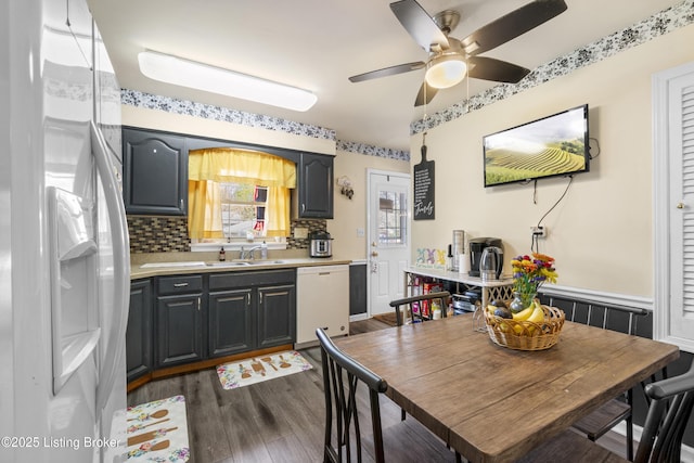 2410 Mammoth Way, Louisville, KY 40299 - dining space with wainscoting, dark wood-style flooring, and a ceiling fan