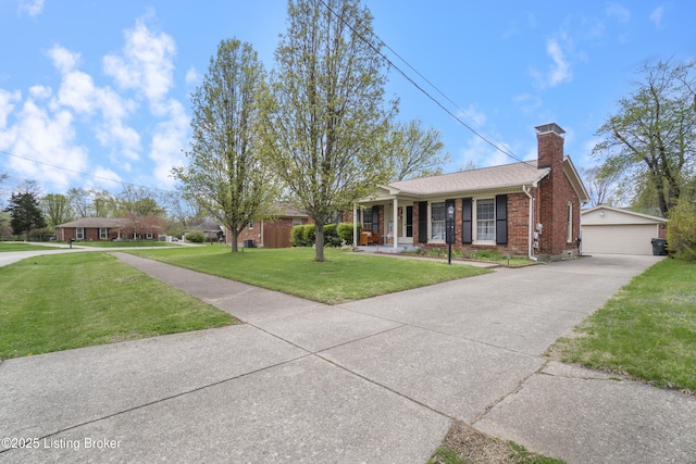 2410 Mammoth Way, Louisville, KY 40299 - view of front of house with an outdoor structure, a chimney, a front yard, brick siding, and a garage