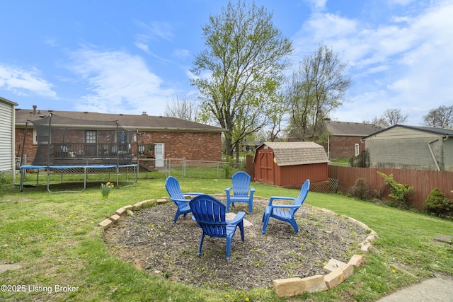 2410 Mammoth Way, Louisville, KY 40299 - view of yard with an outdoor structure, a fenced backyard, a trampoline, and a storage unit