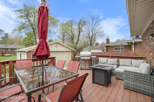 2410 Mammoth Way, Louisville, KY 40299 - deck featuring outdoor dining space, area for grilling, an outdoor structure, and an outdoor living space with a fire pit