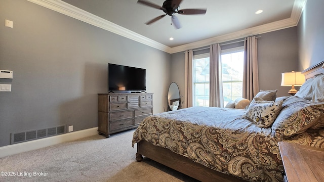 carpeted bedroom with a ceiling fan, ornamental molding, visible vents, recessed lighting, and baseboards