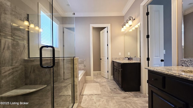 bathroom featuring tiled shower, a bath, ornamental molding, and two vanities