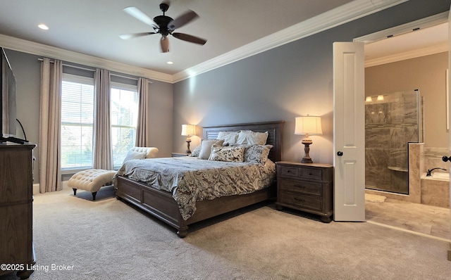 bedroom with crown molding, ceiling fan, connected bathroom, and light colored carpet