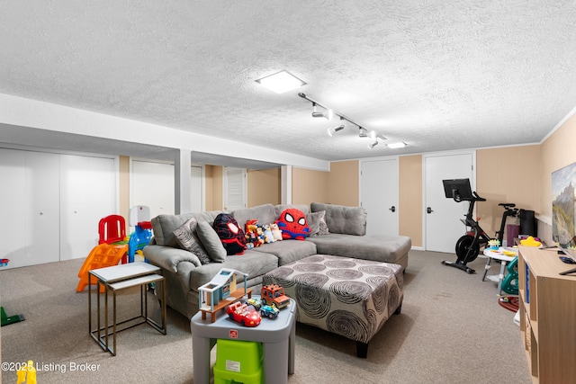 living area featuring rail lighting, a textured ceiling, and carpet floors